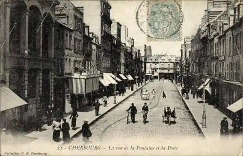 Ak Cherbourg en Cotentin Manche, Straße mit Häusern, Pferdefuhrwerk, Menschen