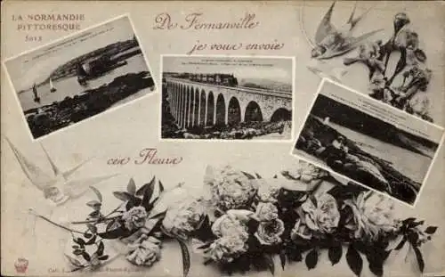 Ak Cotentin Normandie Manche, Verschiedene Ausblicke auf die Normandie, Eisenbahnviadukt