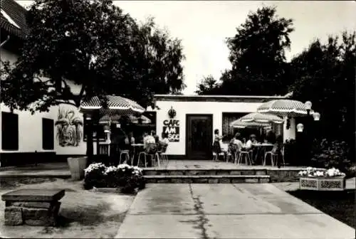 Ak Goyatz Schwielochsee in der Niederlausitz, Café am See, Terrasse, Tische mit Sonnenschirmen, B