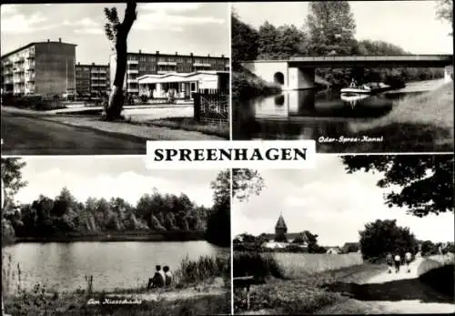 Ak Spreenhagen in Brandenburg,  4 Bilder, Oder-Spree-Kanal, Am Kiesschacht, moderne Gebäude