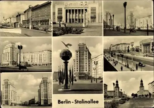 Ak Berlin Friedrichshain, mehrere architektonische Ansichten, Stalinallee, schwarz-weiß, Flaggen