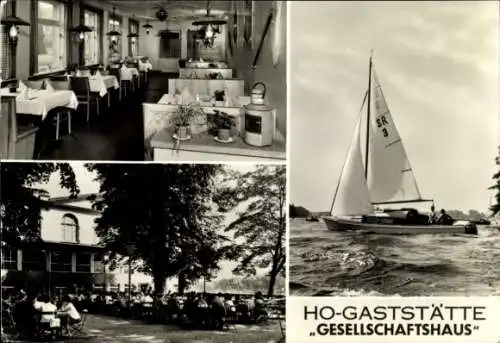 Ak Hansestadt Greifswald, Restaurant Innenansicht, Segelboot, Gastgarten, Ho-Gaststätte