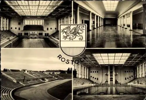 Ak Hansestadt Rostock, Schwimmhalle, Mehrzweckhalle, Stadion,  Gebäude, Wappen