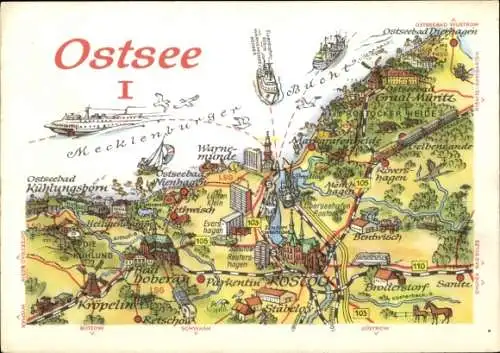 Ak Hansestadt Rostock, Kartenansicht der Ostsee, Städtenamen wie Kühlungsborn,  Graal-Müritz