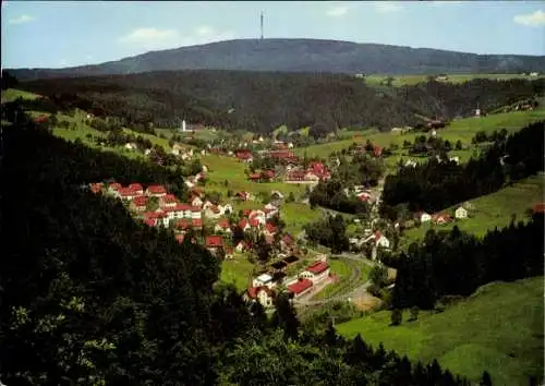 Ak Warmensteinach Oberfranken Bayern, Landschaft mit grünem Hügel, Häusern, Berg im Hintergrund, 