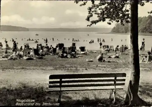 Ak Neuglobsow Stechlin Brandenburg, Badestrand am Stechlinsee, viele Menschen am Wasser