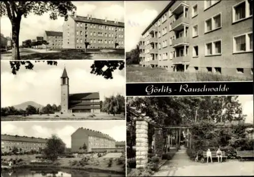 Ak Rauschwalde Görlitz in der Lausitz, Wohnsiedlung, Kirche, Partie im Park