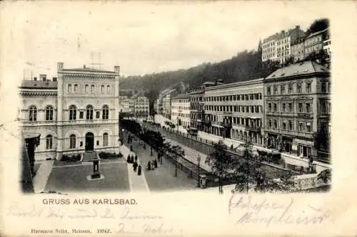 Ak Karlovy Vary Karlsbad Stadt, Promenade am Wasser, Platz, Gebäude