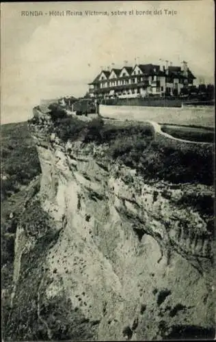 Ak Ronda Andalusien Spanien, Hotel Reina Victoria, Klippe, malerische Landschaft,  Architektur