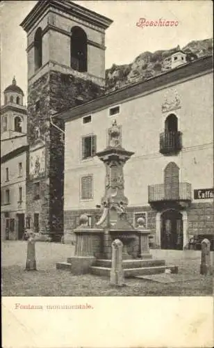 Ak Poschiavo Kanton Graubünden, Monumentale Fontäne, Gebäude, Uhrturm, Caffè