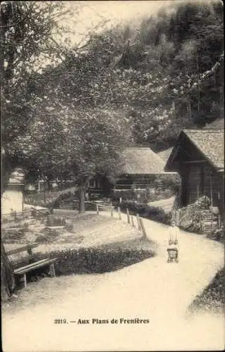 Ak Frenières sur Bex Kanton Waadt, Landschaft mit Bäumen, malerischen Häusern, Weg, Spaziergänger