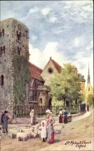 Ak Oxford Oxfordshire England, St. Michaels Kirche, Menschen und Schafe, Architektur