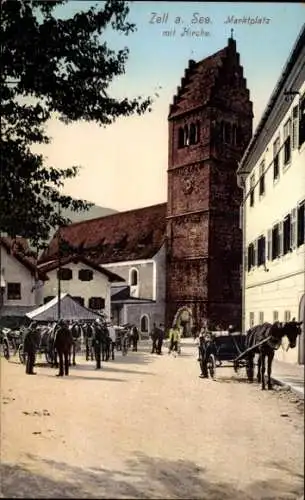 Ak Zell am See Salzburg, Martkplatz mit Kirche, Pferdefuhre