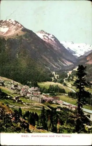 Ak Pontresina Kanton Graubünden Schweiz, Berglandschaft, Stadtansicht, Tal Roseg, alpine Natur