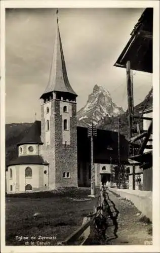 Ak Zermatt Kanton Wallis Schweiz, Kirche, Matterhorn,  Architektur