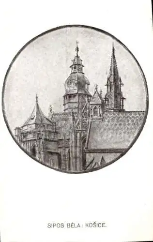 Ak Košice Kassa Kaschau Slowakei, Zeichnung einer Kirche, Kuppel, Türme, Stadtansicht