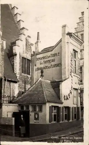 Ak Gand Gent Ostflandern, Stadtansicht, s Gebäude, Werbung, Markt, Café, Schilder