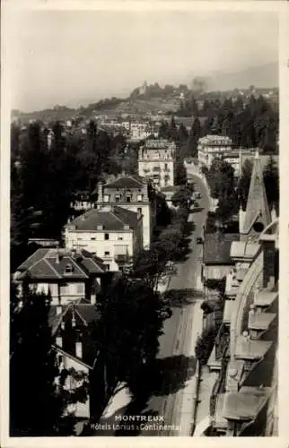Ak Montreux Kanton Waadt Schweiz, Blick auf  Hotels Lorius & Continental, hügelige Landschaft