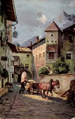 Künstler Ak Höger, Rud. A., Kastelruth Castelrotto Südtirol, Pferdefuhre, Ortspartie