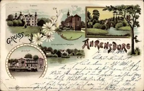 Litho Ahrensburg in Holstein, Schloss, Kirche, Schlossbrücke, Thorhaus, Schlosspark, Bahnhof