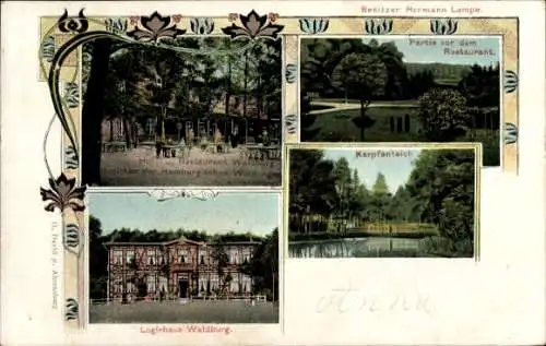 Ak Ahrensburg in Holstein, Hotel Restaurant Waldburg, Logierhaus, Karpfenteich