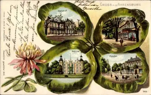 Ak Ahrensburg in Holstein, Bahnhof, Schloss, Rondel, Naturmotive, Gruss aus Ahrensburg