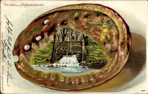 Ak Ahrensburg in Holstein,  mit Wasserfall, Natur, grüner Umgebung, kunstvoll gestaltet