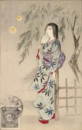 Handgemalt Künstler Ak Frau in japanischer Tracht