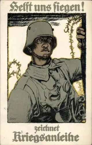 Künstler Ak Erler, Helft uns siegen, zeichnet Kriegsanleihe, Soldat in Stahlhelm mit Gasmaske, I. WK