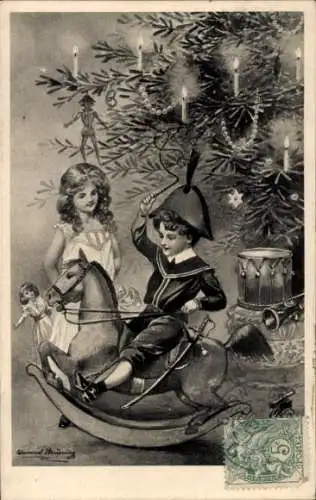 Ak Frohe Weihnachten, Weihnachtsbaum, Kinder, Schaukelpferd