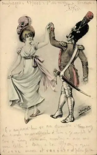 Ak Elegante Dame mit Soldat, Tanzpaar