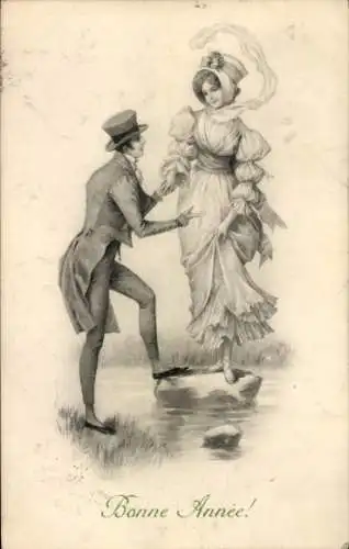 Ak Fröhliches Neujahr, Mann hilft Frau bei der Flussüberquerung