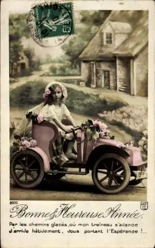 Ak Glückwunsch Neujahr, Mädchen im Auto