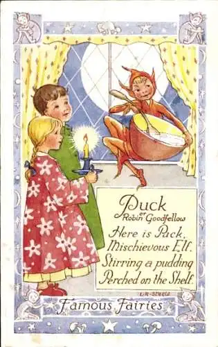 Künstler Ak Steele, L. R., Famous Fairies, Puck, Robin Goodfellow, Elfe am Fenster, Kinder
