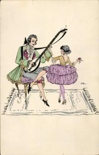 Künstler Ak Tänzerin, Lautenspieler