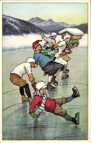 Ak Kinder beim Schlittschuhlaufen, Berge