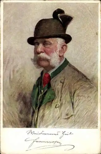 Künstler Ak Kaiser Franz Joseph I., Portrait als Jäger