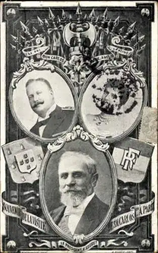 Ak König Don Carlos, Königin Marie Amelie, Präsident Loubet