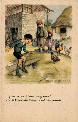 Künstler Ak Poulbot, Francisque, Ligue Nationale contre le Taudis, Kinder, Bauernhof, Hühner