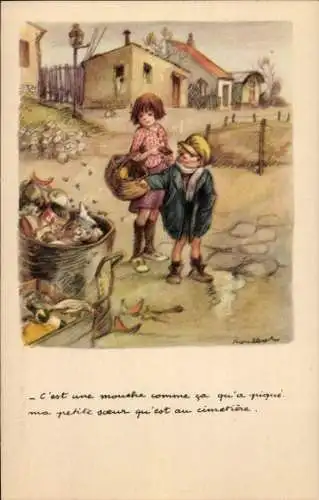 Künstler Ak Poulbot, Francisque, Kinder, Mülltonne, Fliegen