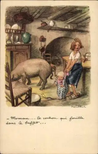 Künstler Ak Poulbot, Francisque, Kinder und Schwein in einer Küche