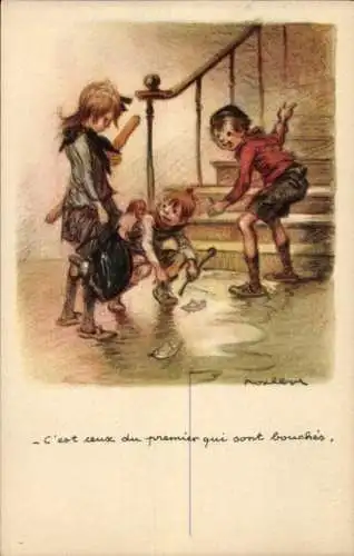 Künstler Ak Poulbot, Francisque, Kinder mit Papierbooten, Ligue nationale contre taudis