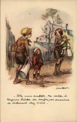 Künstler Ak Poulbot, Junge mit Wasserkanne, Mädchen mit Puppe