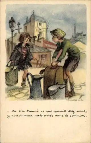 Künstler Ak Poulbot, Francisque, Junge an der Wasserpumpe, Mädchen mit einem Eimer