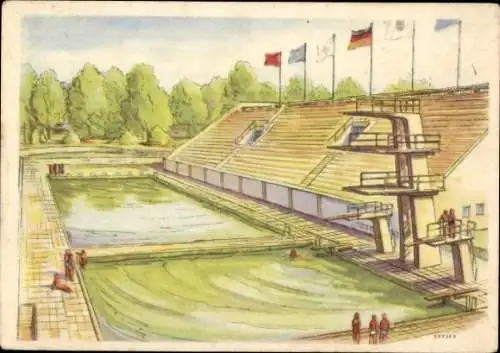 Künstler Ak Berlin Friedrichshain, Schwimmstadion, III. Weltfestspiele der Jugend und Studenten