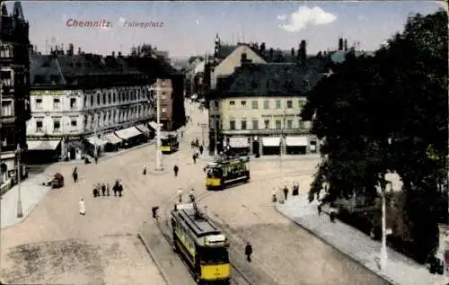 Ak Chemnitz in Sachsen, Falkeplatz, Straßenbahnen,  Gebäude, belebte Straße