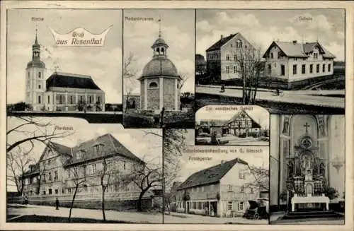 Ak Rosenthal Oberlausitz, Kirche, Pfarrhaus, Schule, Marienbrunnen, wendisches Gehöft