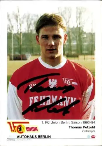 Autogrammkarte Fußballer Thomas Petzold, 1. FC Union Berlin, Autogramm