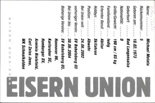 Autogrammkarte Fußballer Michael Molata, 1. FC Union Berlin, Autogramm