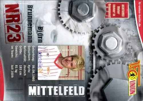 Autogrammkarte Fußballer Björn Brunnemann, 1. FC Union Berlin, Autogramm